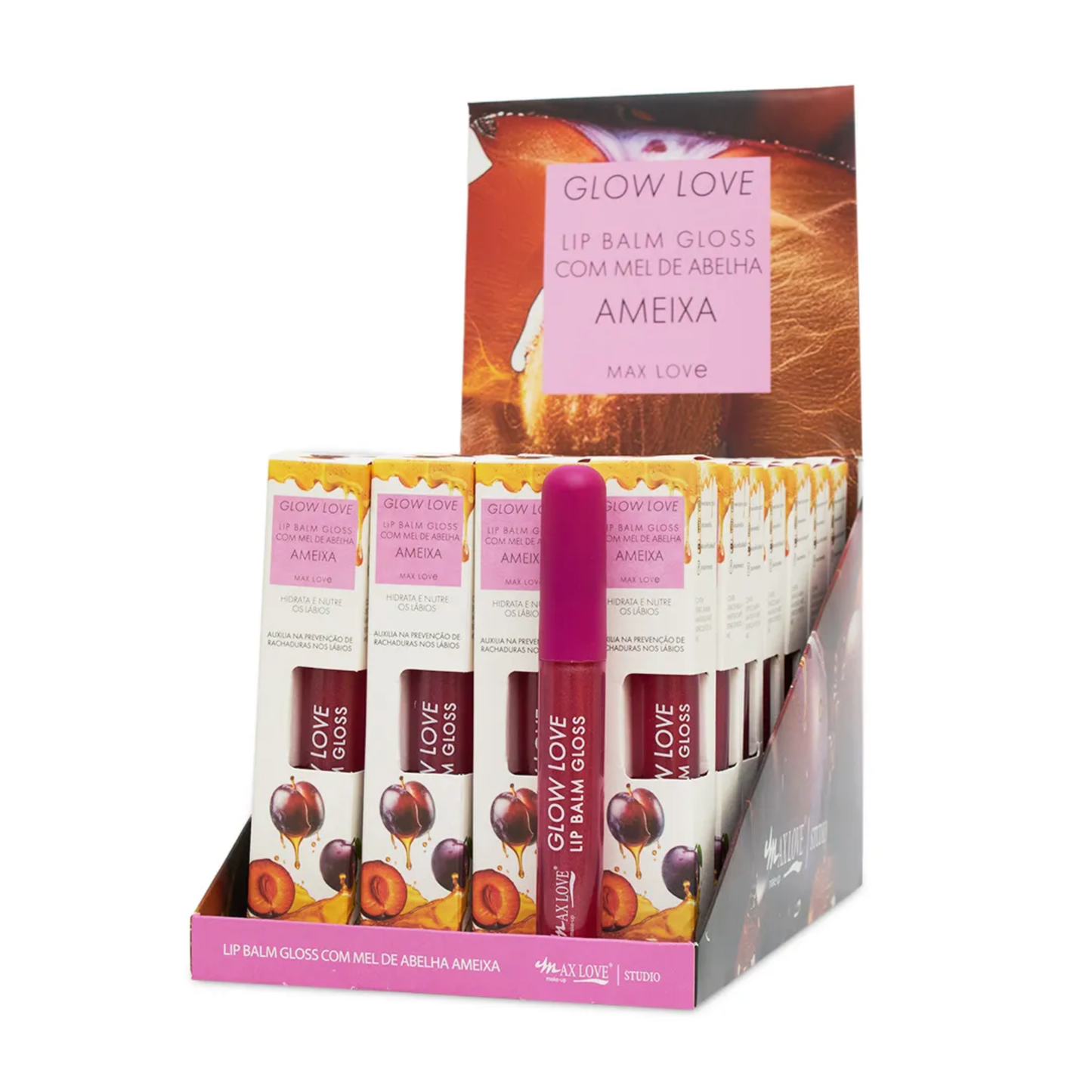 BOX C/ 28 GLOW LOVE LIP BALM MEL COR/416 AMEIXA 5ML MAX LOVE