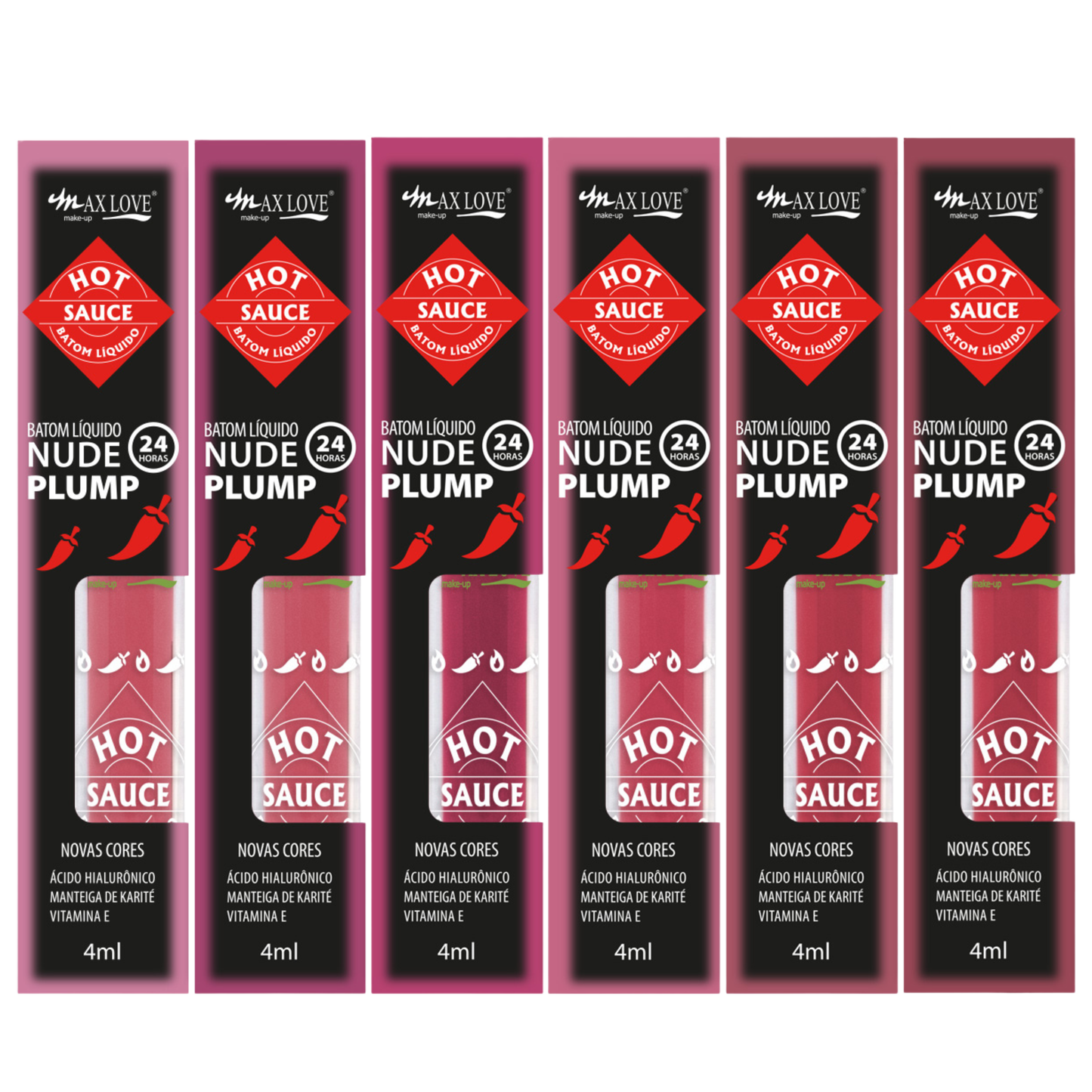 KIT C/ 06 BATOM 24H NUDE PLUMP HOT SAUCE 500 AO 505 MAX LOVE