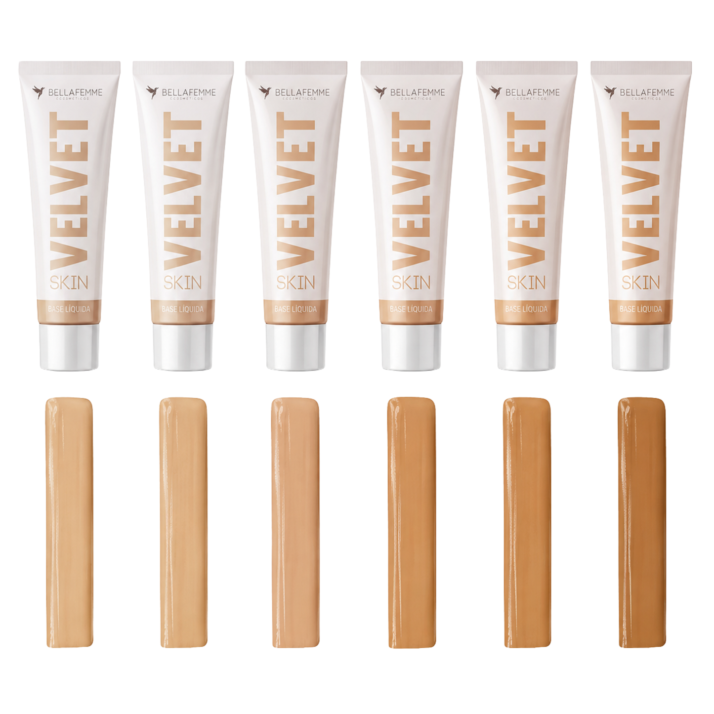 KIT C/ 06 BASE LIQUIDA VELVET SKIN TONS CLAROS BELLA FEMME