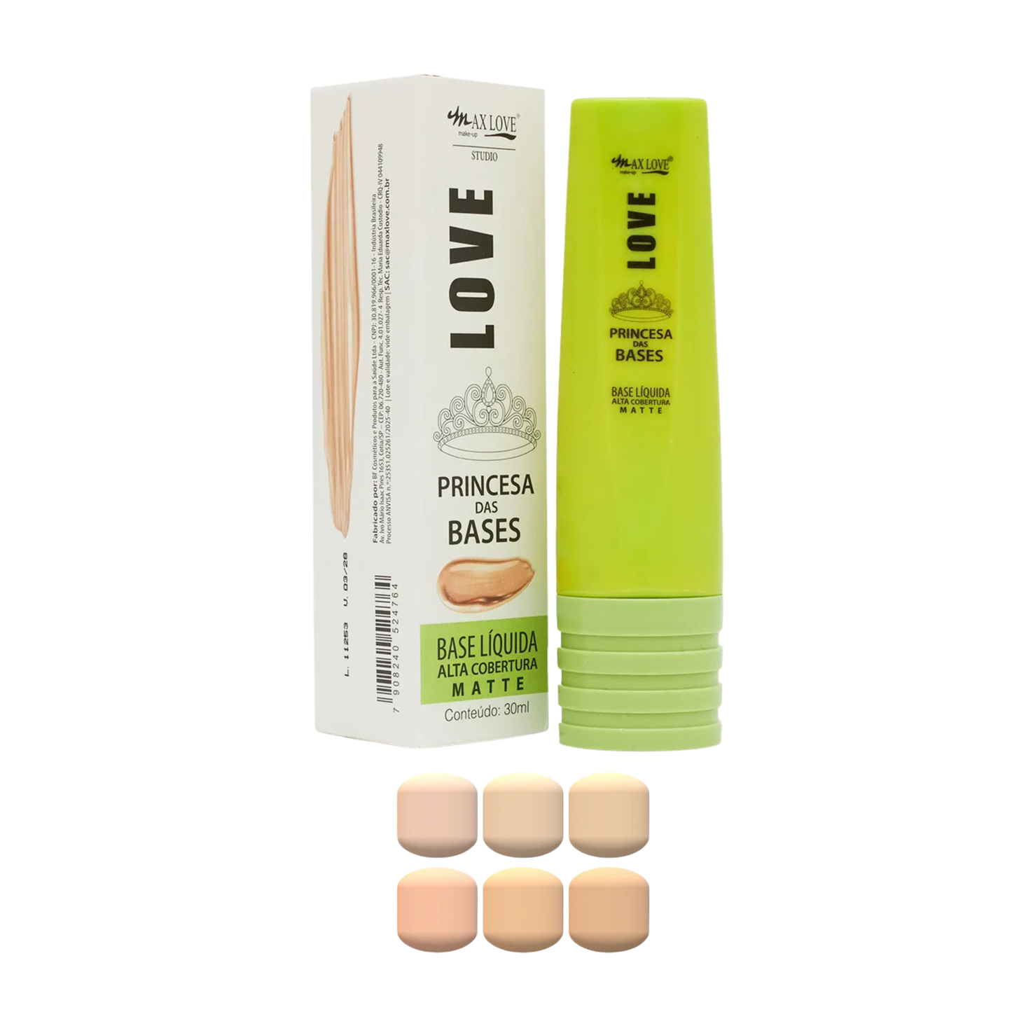 KIT C/ 06 BASE LIQUIDA MATTE PRINCESA DAS BASE 200 A 205 30ML MAX LOVE