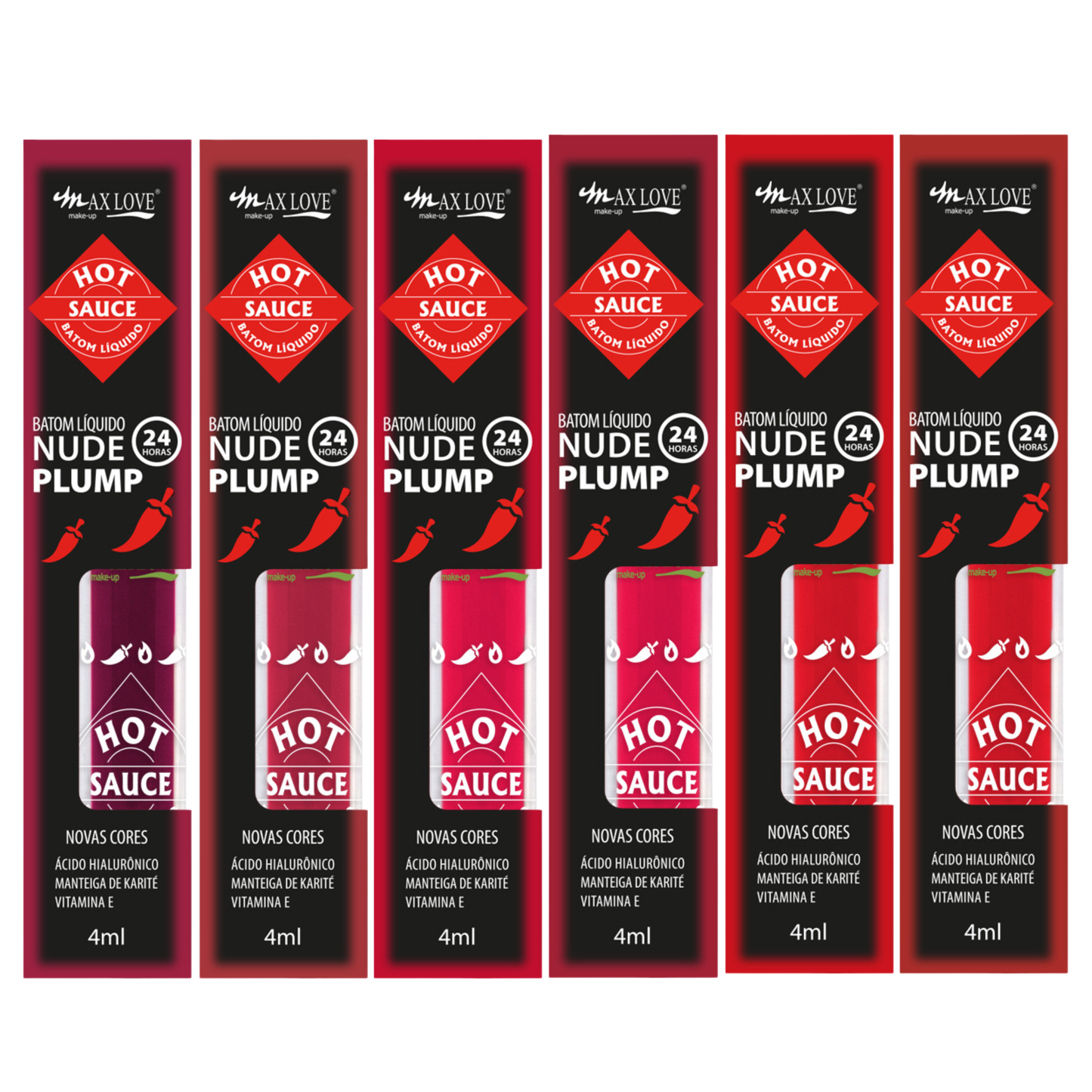 KIT C/ 06 BATOM 24H NUDE PLUMP HOT SAUCE 518 AO 523 MAX LOVE