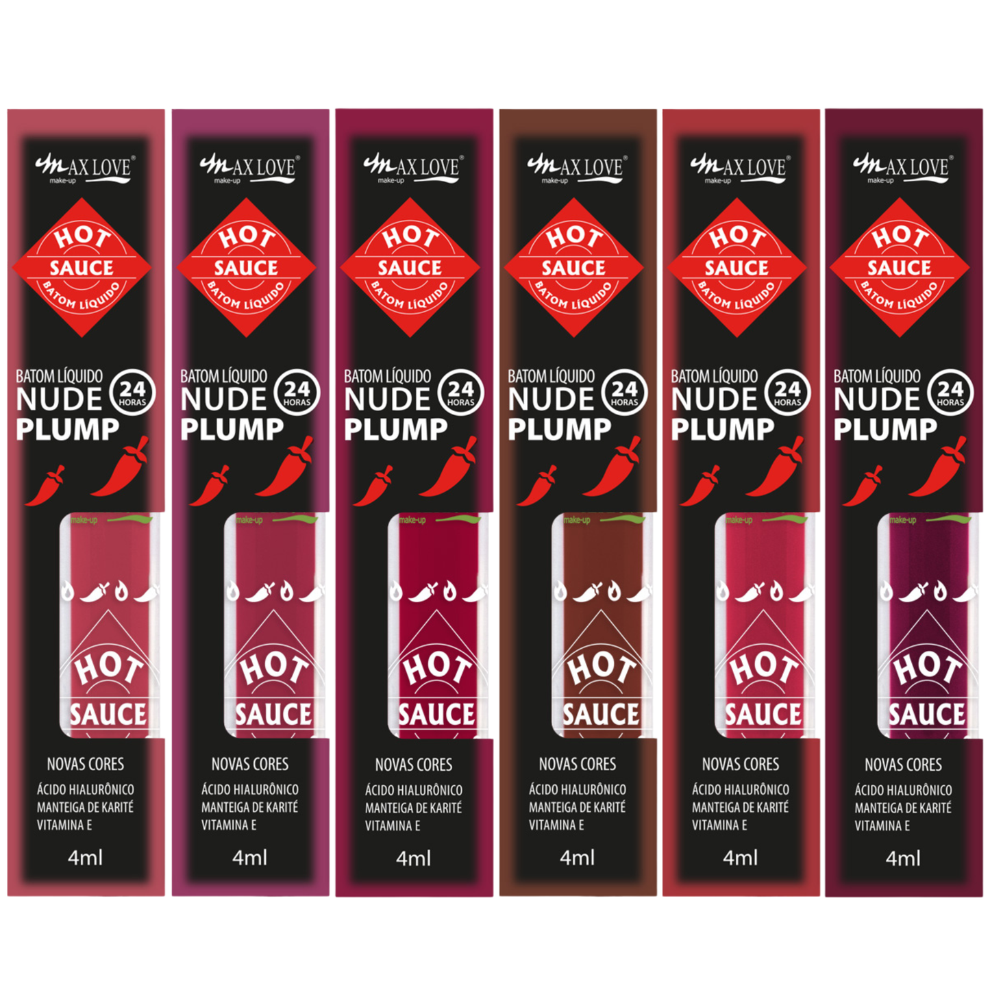 KIT C/ 06 BATOM 24H NUDE PLUMP HOT SAUCE 512 AO 517 MAX LOVE