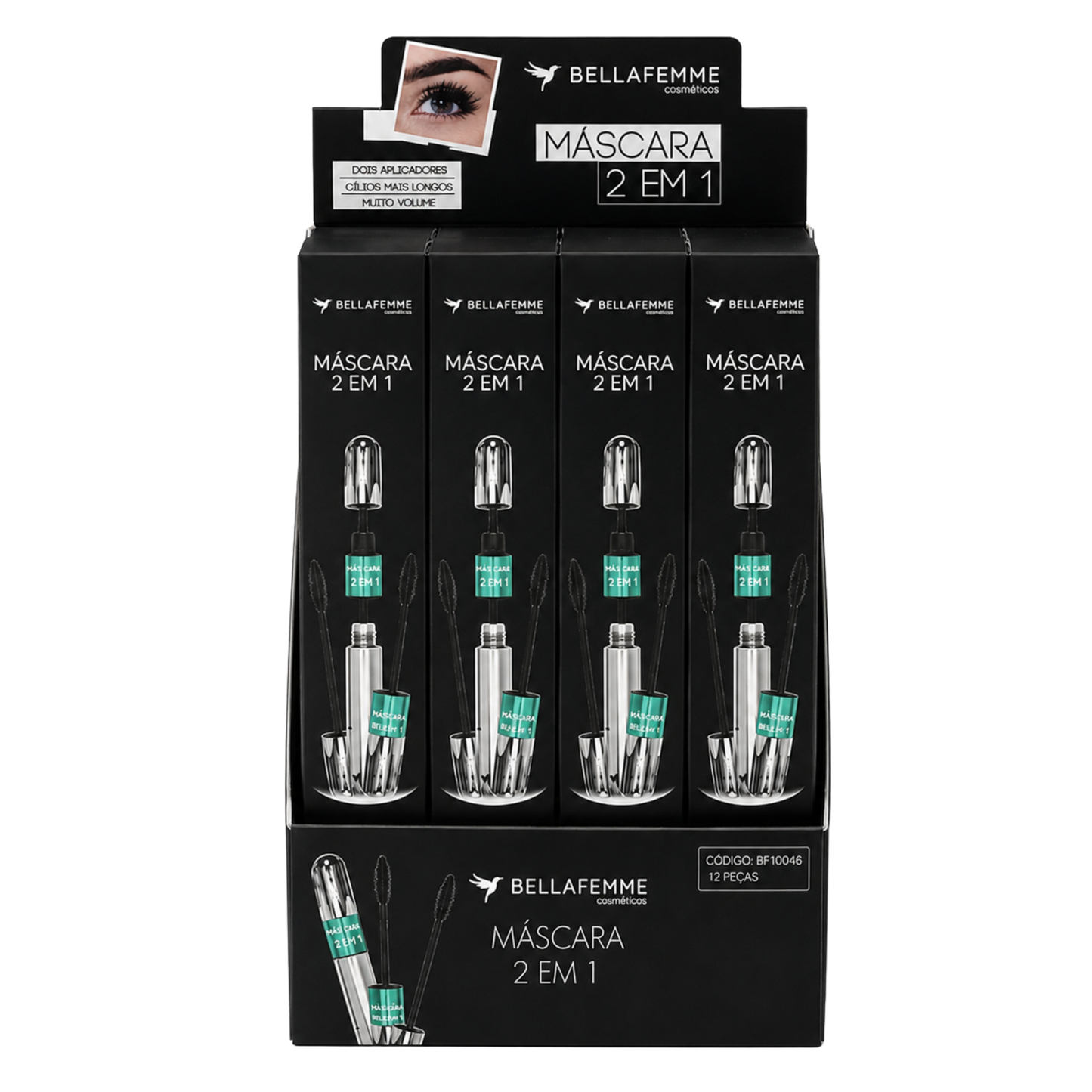 BOX C/ 12 MASCARA PARA CILIOS 2 EM 1 BELLA FEMME
