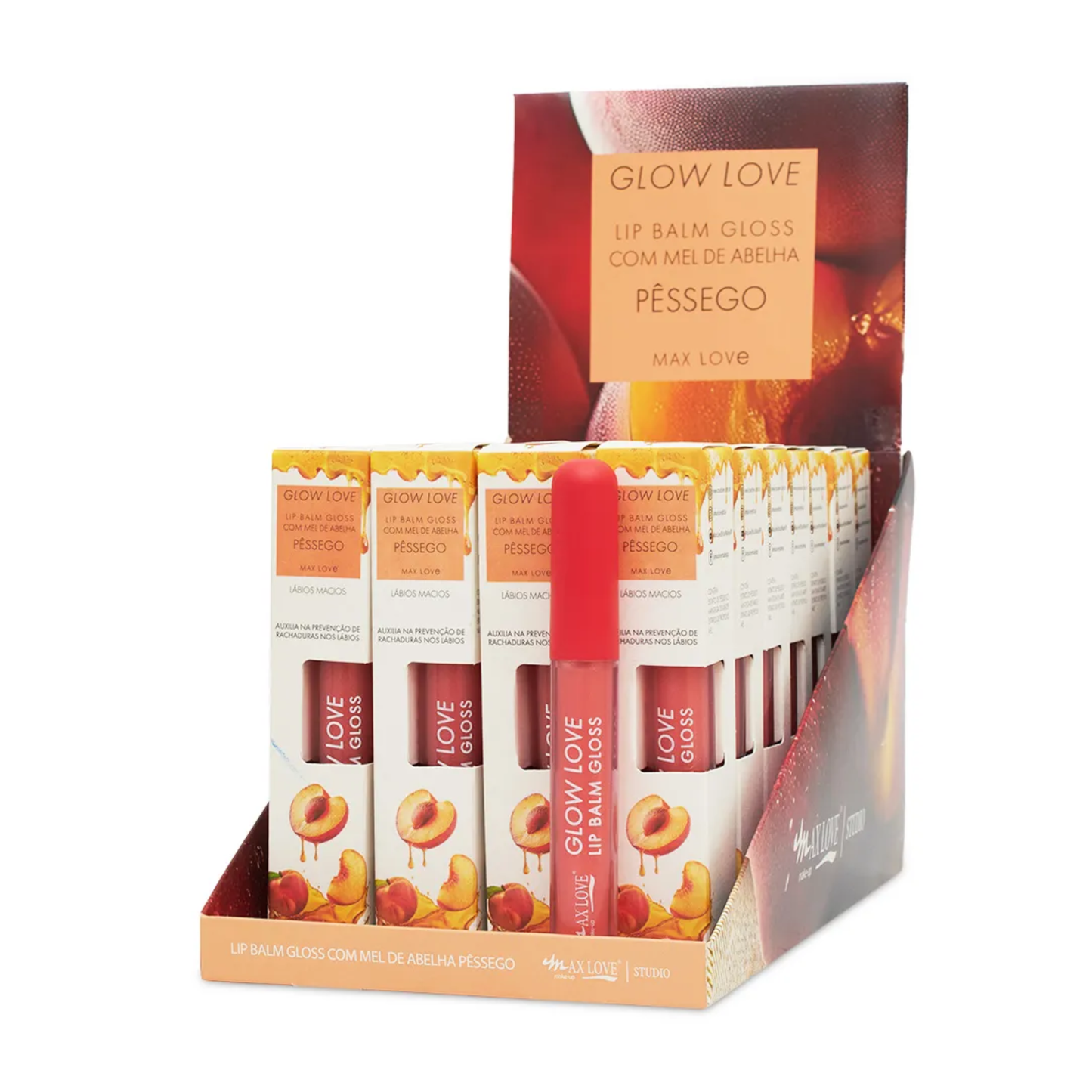 BOX C/ 28 GLOW LOVE LIP BALM MEL COR/423 PESSEGO 5ML MAX LOVE