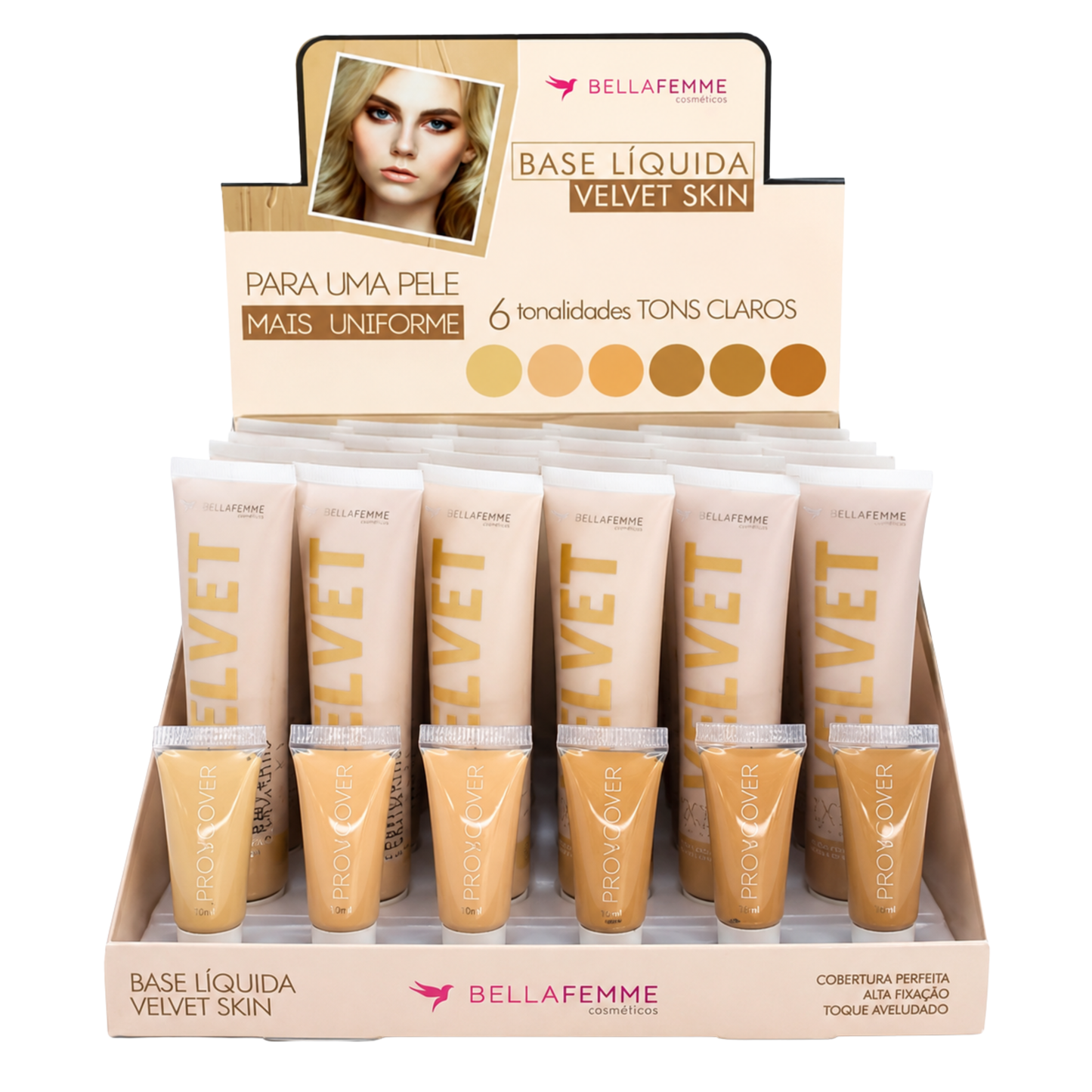 BOX C/ 24 BASE LIQUIDA VELVET SKIN TONS CLAROS BELLA FEMME