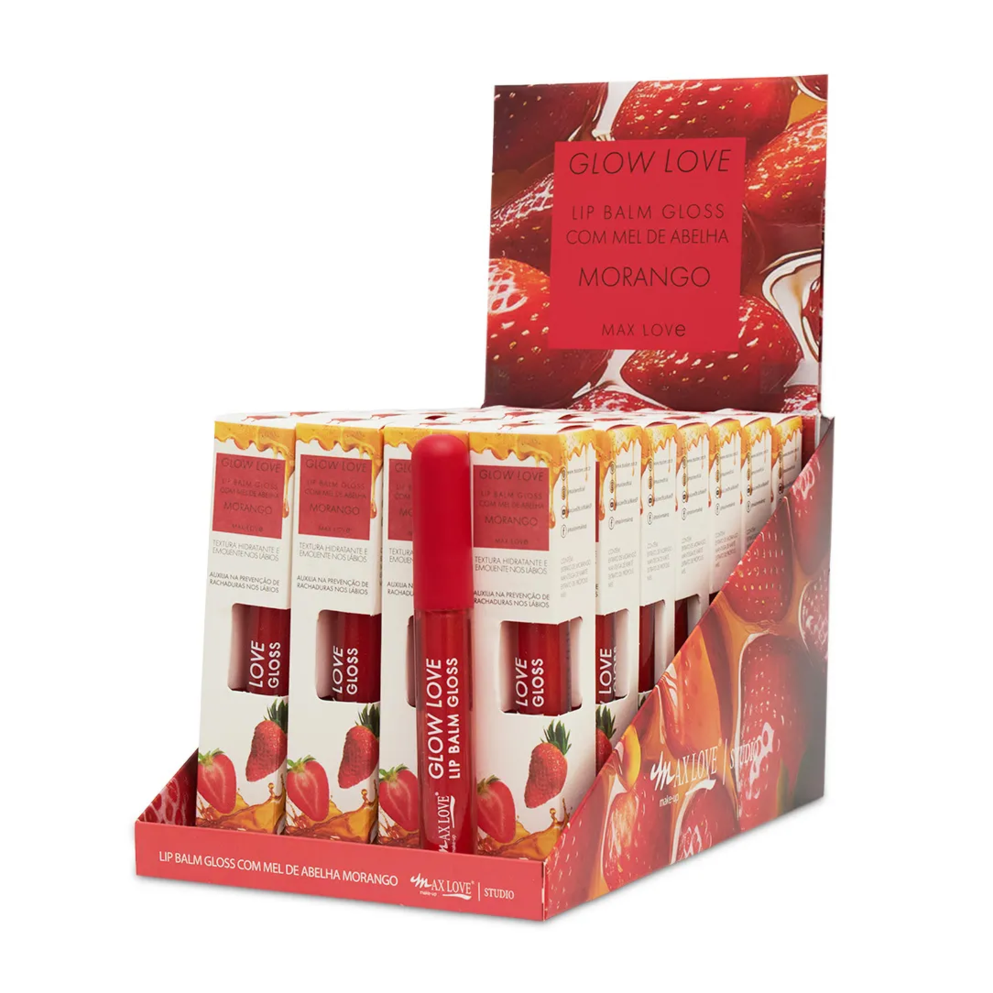 BOX C/ 28 GLOW LOVE LIP BALM MEL COR/418 MORANGO 5ML MAX LOVE