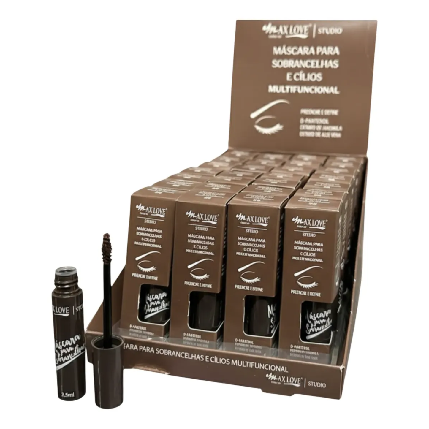 BOX C/ 28 MASCARA PARA SOBRANCELHA E CILIOS MULTIFUNCIONAL COR 32 MAX LOVE