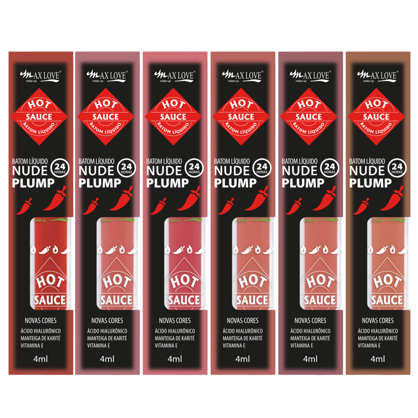 KIT C/ 06 BATOM 24H NUDE PLUMP HOT SAUCE 524 AO 529 MAX LOVE