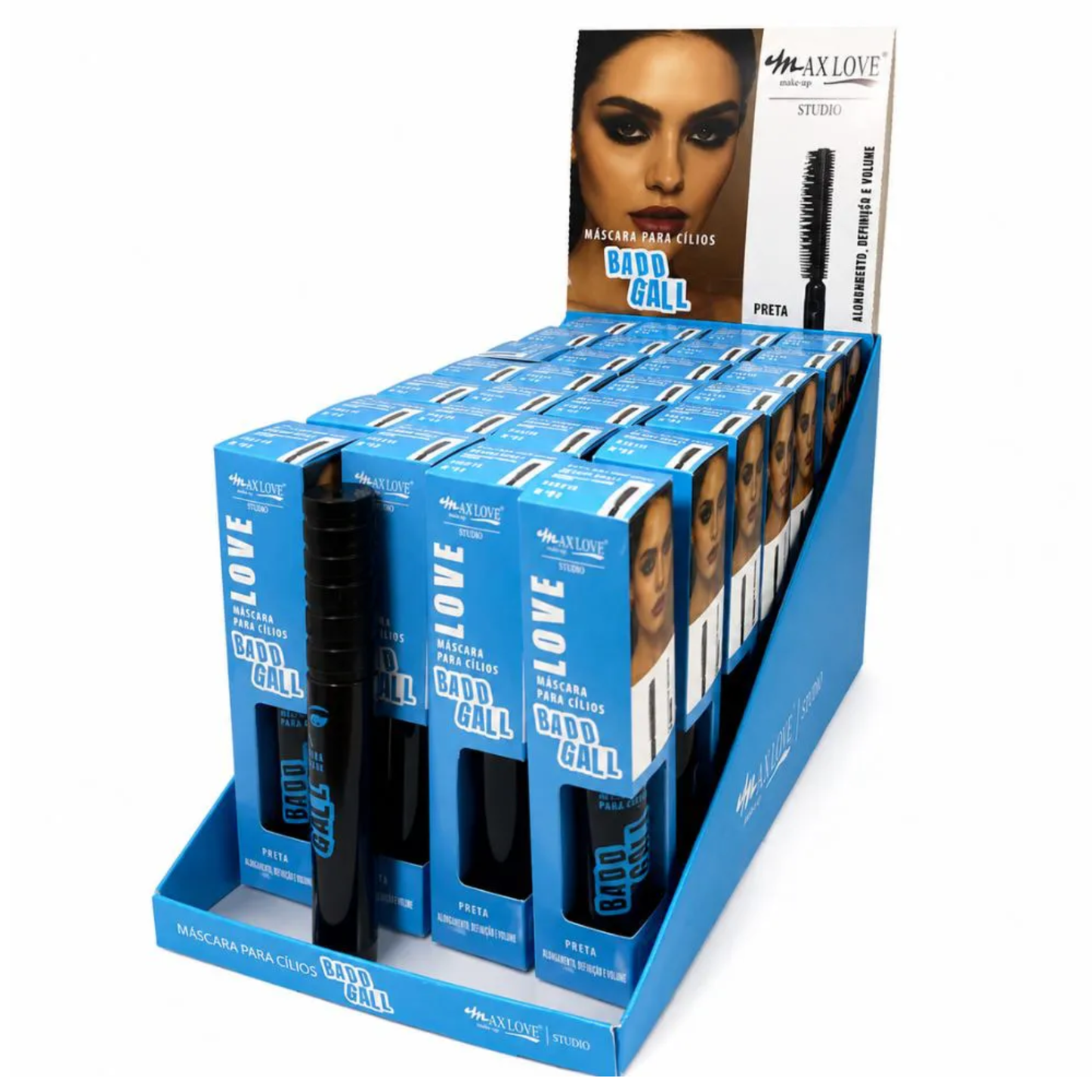 BOX C/ 28 MASCARA PARA CILIOS BADD GALL ALONGAMENTO DEFINIÇÃO E VOLUME COR 85 MAX LOVE