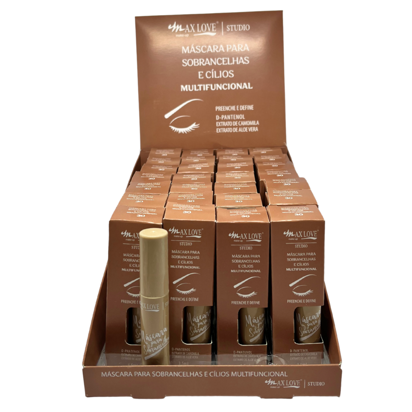 BOX C/ 28 MASCARA PARA SOBRANCELHA E CILIOS MULTIFUNCIONAL COR 30 MAX LOVE