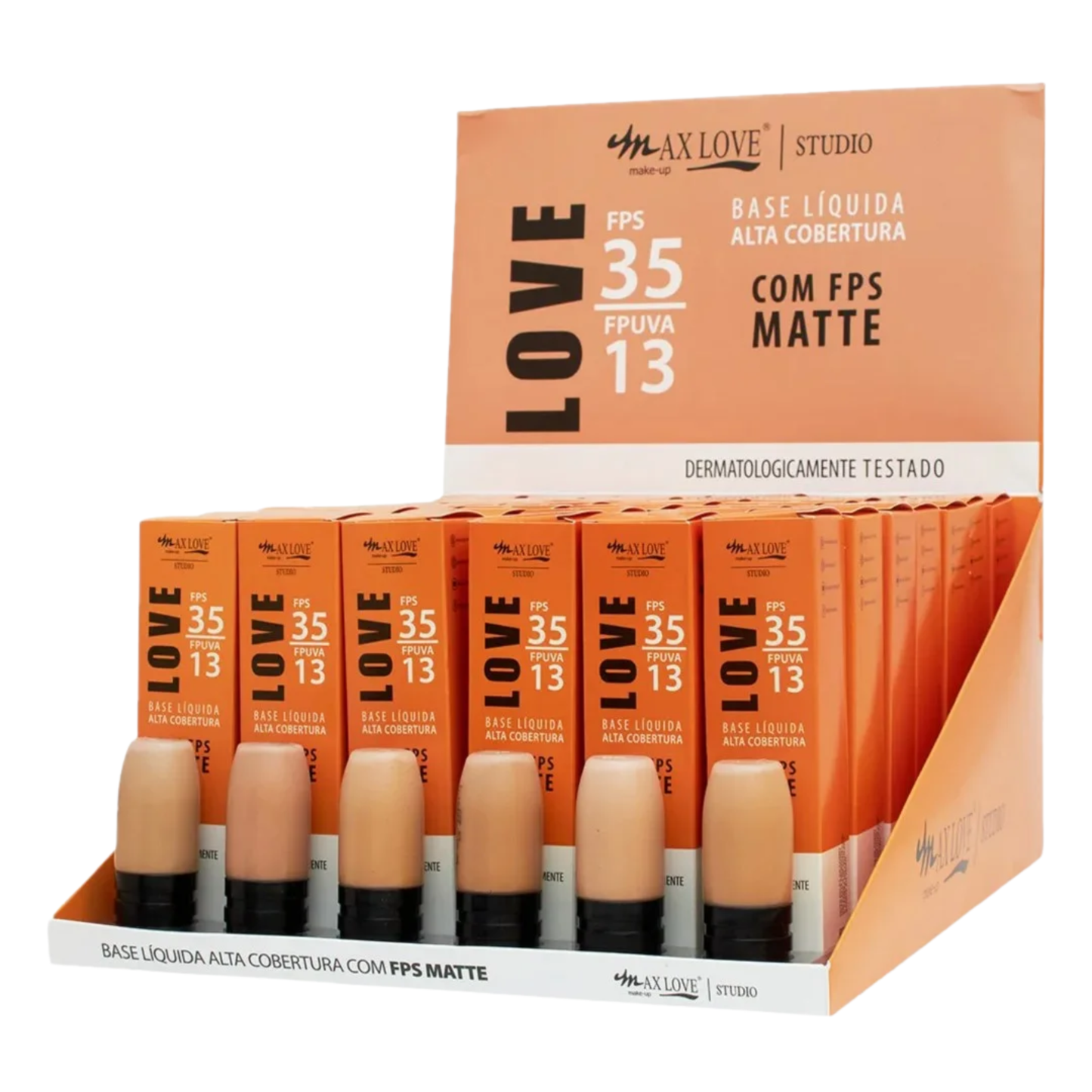 BOX C/ 42 BASE LIQUIDA MATTE ALTA COBERTURA C/ FPS35 56 AO 61 30ML MAX LOVE