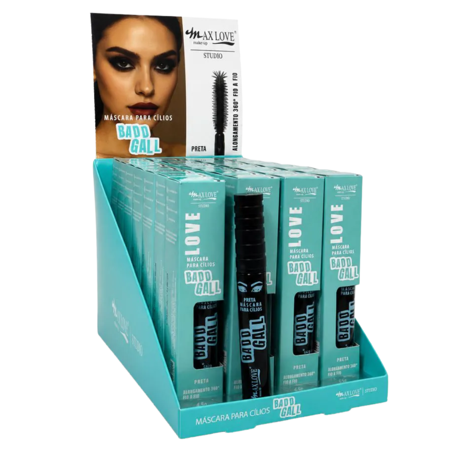 BOX C/ 28 MASCARA PARA CILIOS BADD GALL ALONGAMENTO 360 FIO A FIO COR 84 MAX LOVE